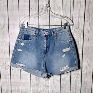 Blank NYC Blue Distressed Cuffed Denim High Rise Shorts Size 29